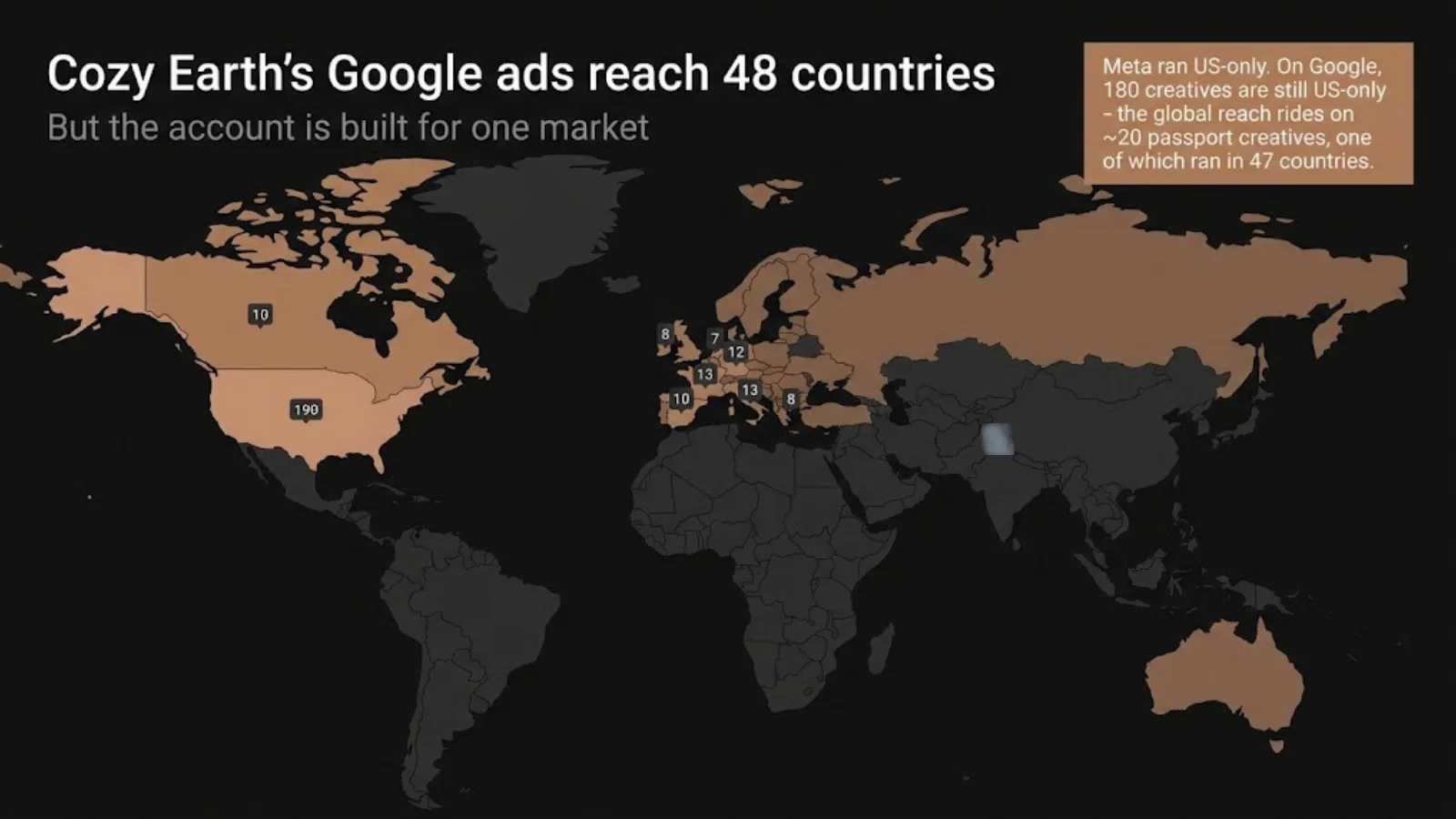 Cozy Earth Google Ads regional reach map - 48 countries, US anchor with European second tier