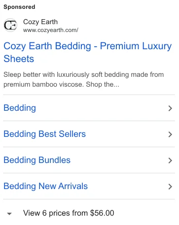 Cozy Earth Google shopping ad with bedding sitelinks showing price comparisons from $40.00