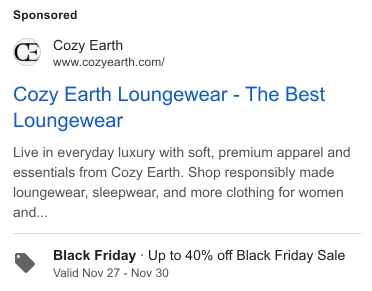 Cozy Earth Google Black Friday loungewear sale ad - up to 40% off