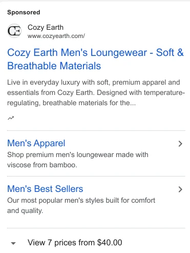 Cozy Earth Google search ad for men's loungewear - Soft & Breathable Materials headline