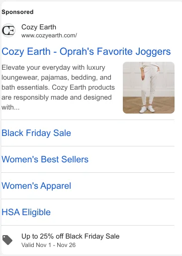 Cozy Earth Google search ad - Oprah's Favorite Joggers with Black Friday sale discount