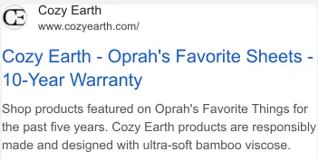 Cozy Earth Google search ad showing Oprah's Favorite Sheets with 10-Year Warranty and 100-Night Sleep Guarantee