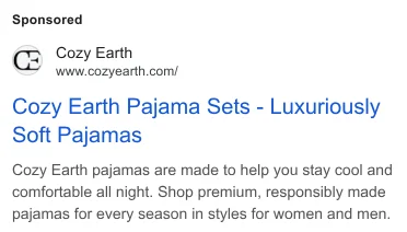 Cozy Earth Google search ad for pajama sets - Luxuriously Soft Pajamas headline