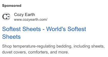 Cozy Earth Google search ad - 'World's Softest Sheets' leading with premium bamboo positioning