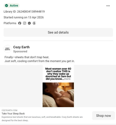 Cozy Earth Meta ad - 'sheets that don't trap heat' cooling angle ad screenshot