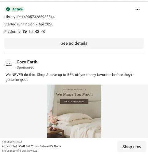 Cozy Earth Meta warehouse sale ad - 'We NEVER do this. Shop & save up to 55% off' outlet collection