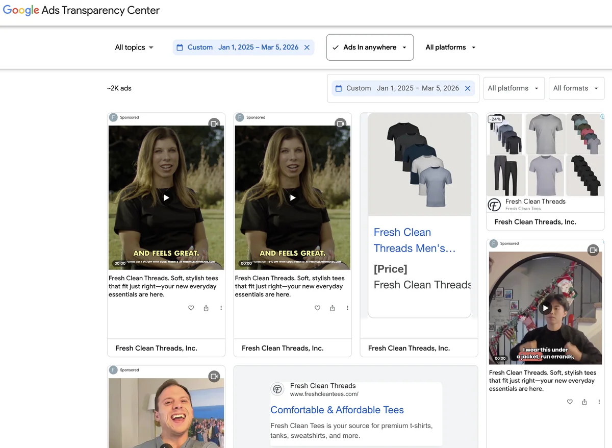 Fresh Clean Threads Google Ads Transparency Center advertiser page - 543 total ads across video, display, shopping, and search formats scraped March 2026