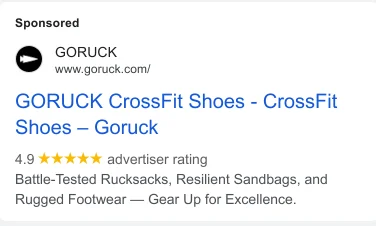 GORUCK Google CrossFit shoes search ad - footwear that was absent from the Meta account