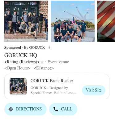 GORUCK Google search ad: 'Designed by Special Forces, Built to Last, Guaranteed for Life' - the military messaging that replaced the women's angle from Meta