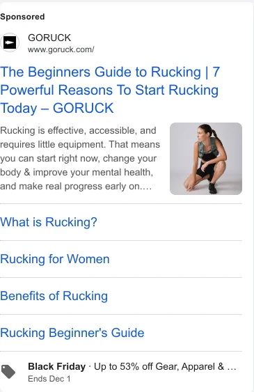 GORUCK Google '19 Expert Rucking Tips' blog-as-ad - educational content used as a search acquisition play