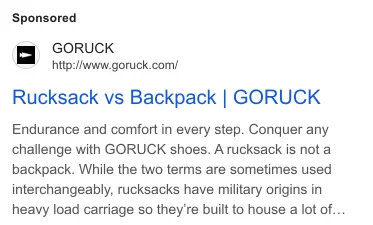 GORUCK Google 'Rucksack vs Backpack' search ad - bidding on informational queries rather than product keywords