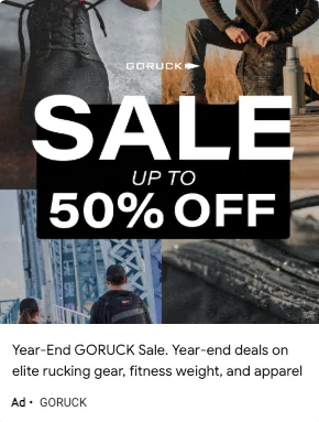 GORUCK Google sale ad: up to 50% off - a discount that appeared nowhere across the 155 Meta creatives in the same period