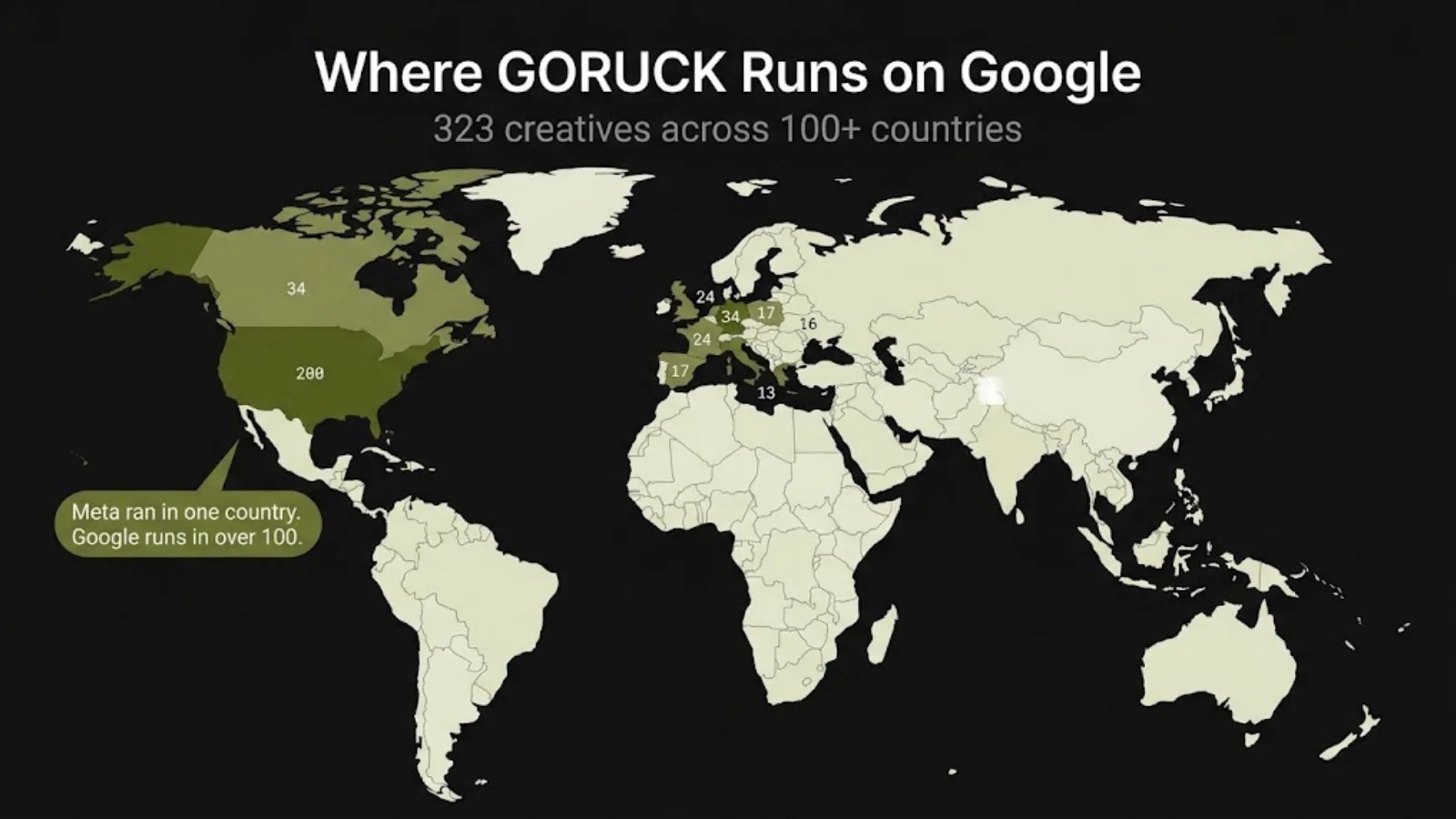 GORUCK Google geographic spread: US anchors 200 creatives, then a long tail across Germany, Italy, France, Canada and 100+ more countries