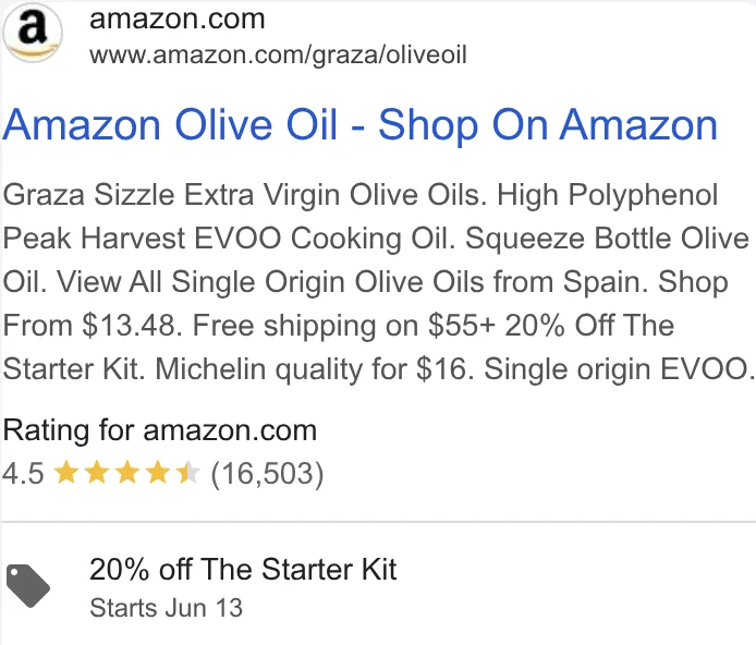 Graza Google Shopping ad - 'Amazon Olive Oil - Shop On Amazon' landing at amazon.com/graza/oliveoil - 4.5 stars (16,503 ratings), 20% Off The Starter Kit