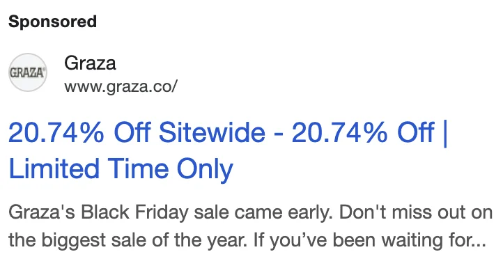 Graza Google search ad - '20.74% Off Sitewide - 20.74% Off | Limited Time Only' - October 2025 Black Friday campaign, 'Our Only Sale of the Year' framing