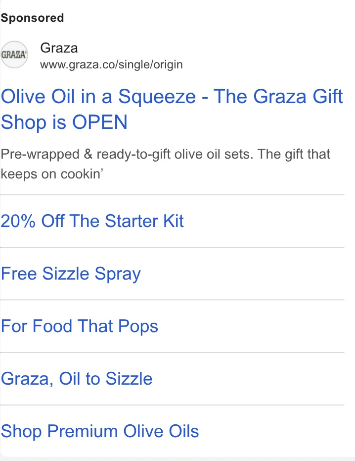 Graza Google search ad - 'Olive Oil in a Squeeze - The Graza Gift Shop is OPEN' with '20% Off The Starter Kit' as the first sitelink - the evergreen conversion offer across formats and seasons