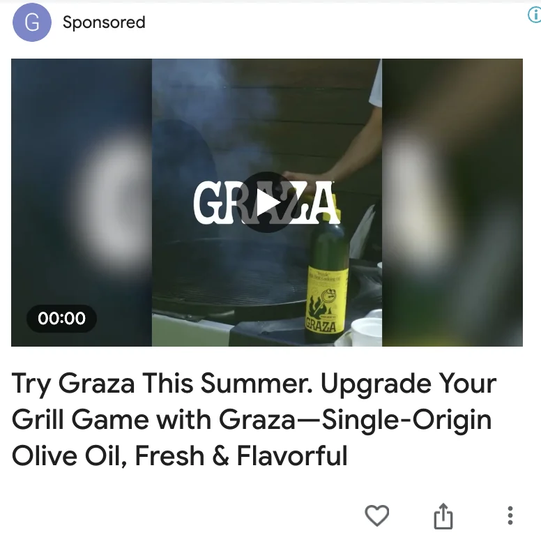 Graza Google display ad - July 2025 summer grilling campaign: 'Try Graza This Summer. Upgrade Your Grill Game with Graza - Single-Origin Olive Oil, Fresh & Flavorful'