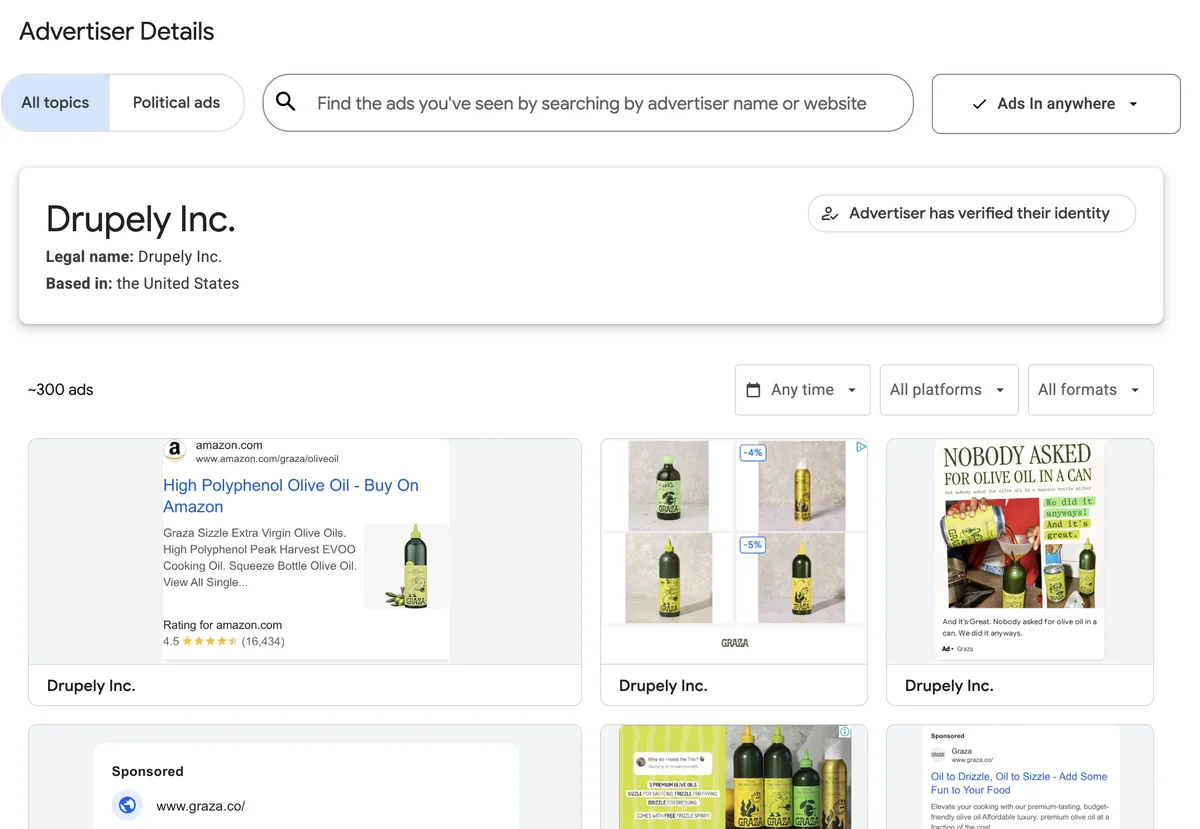 Graza Google Ads Transparency Center - Drupely Inc. advertiser page showing ~300 total ads, Amazon Shopping result, EVOO Can display ad, and Google search ads grid