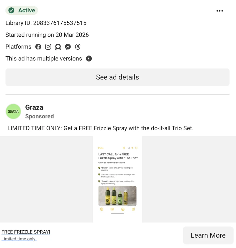 Graza Meta ad for The Trio - 'LIMITED TIME ONLY: Get a FREE Frizzle Spray with the do-it-all Trio Set' - single-product push to /products/the-trio