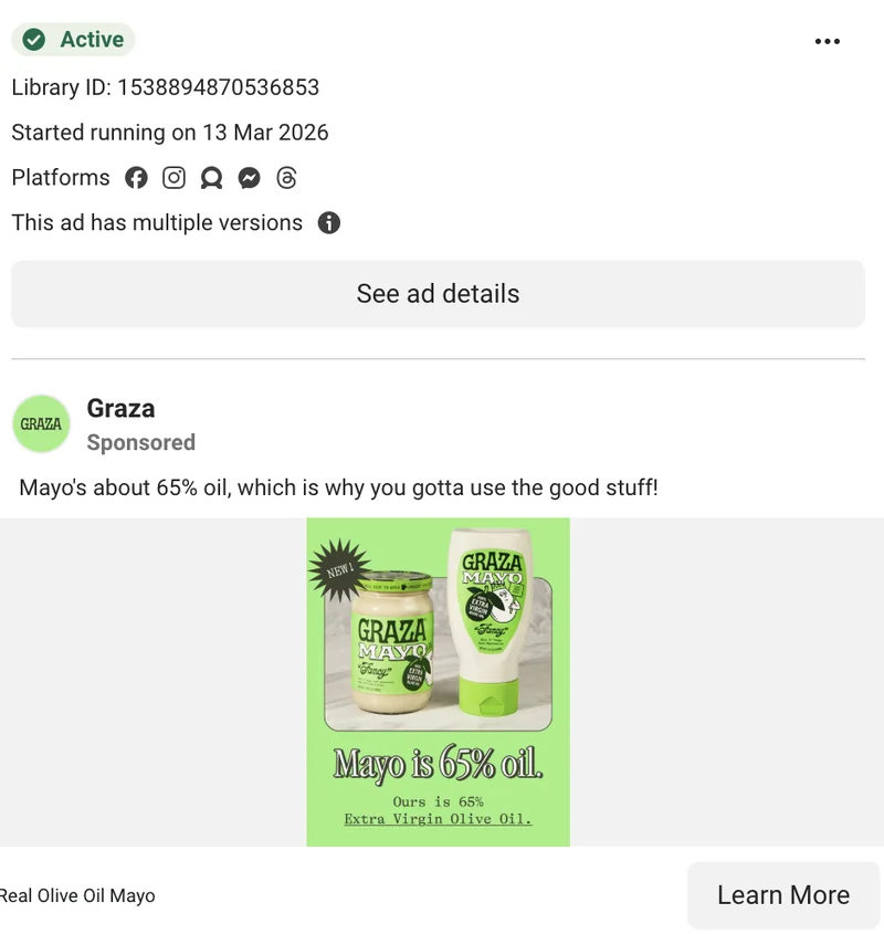 Graza Meta ad for Original Mayo - 'Mayo's about 65% oil, which is why you gotta use the good stuff!' - single-product push to /products/original-mayo