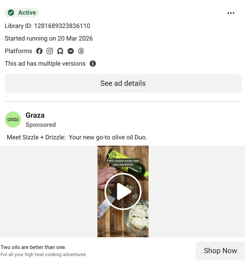 Graza olive oil ad with 'Shop Now' CTA - 'Meet Sizzle + Drizzle: Your new go-to olive oil Duo' - established product gets conversion CTA