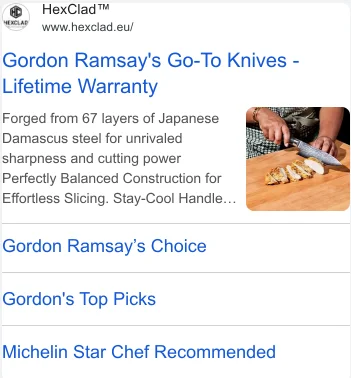 HexClad Google search ad for Damascus steel knives - Gordon Ramsay's Go-To Knives