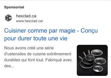 HexClad French-language Google ad - Cuisiner comme par magie, built to last a lifetime
