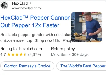 HexClad Google ad for the Pepper Cannon - Out Pepper 12x Faster