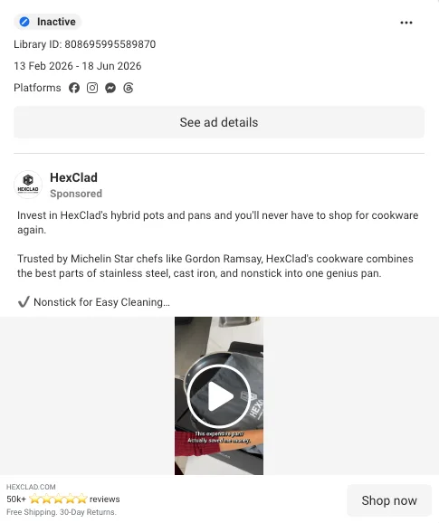HexClad Meta ad featuring Gordon Ramsay and Michelin chef endorsements