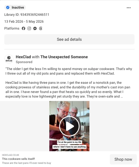 HexClad Meta testimonial ad - social proof format used across the account