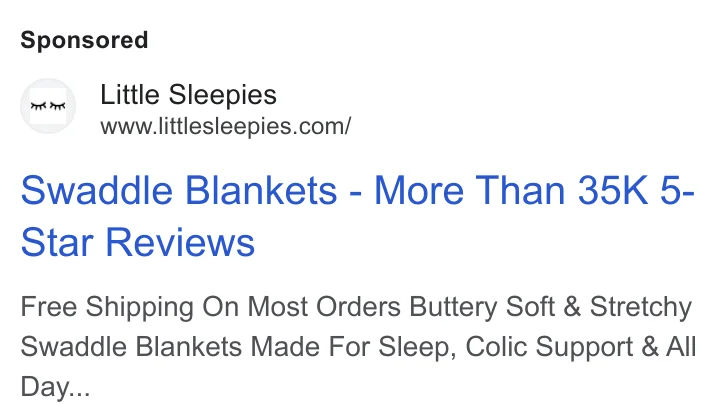 Little Sleepies Google search ad - 'Swaddle Blankets - More Than 35K 5-Star Reviews' social proof headline