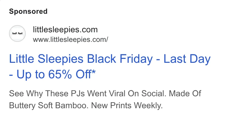 Little Sleepies stale Black Friday Google display ad - 'Little Sleepies Black Friday - Last Day - Up to 65% Off*' still running in March 2026