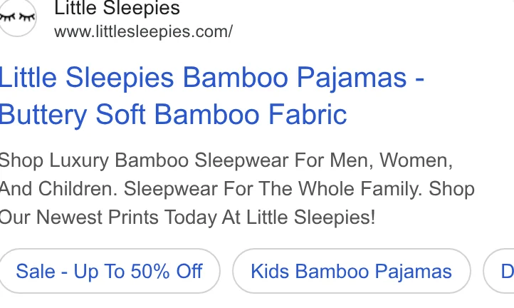 Little Sleepies Google search ad - 'Sale - Up To 50% Off / Kids Bamboo Pajamas' discount messaging