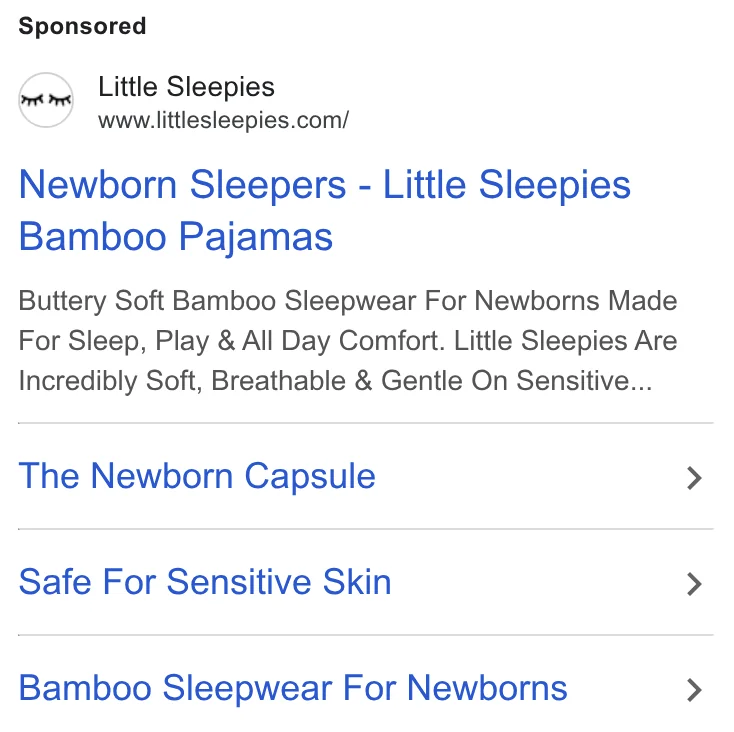Little Sleepies Google search ad - 'Newborn Sleepers - Buttery Soft Baby Bamboo Sleepwear' description template with Lunaluxe fabric mention