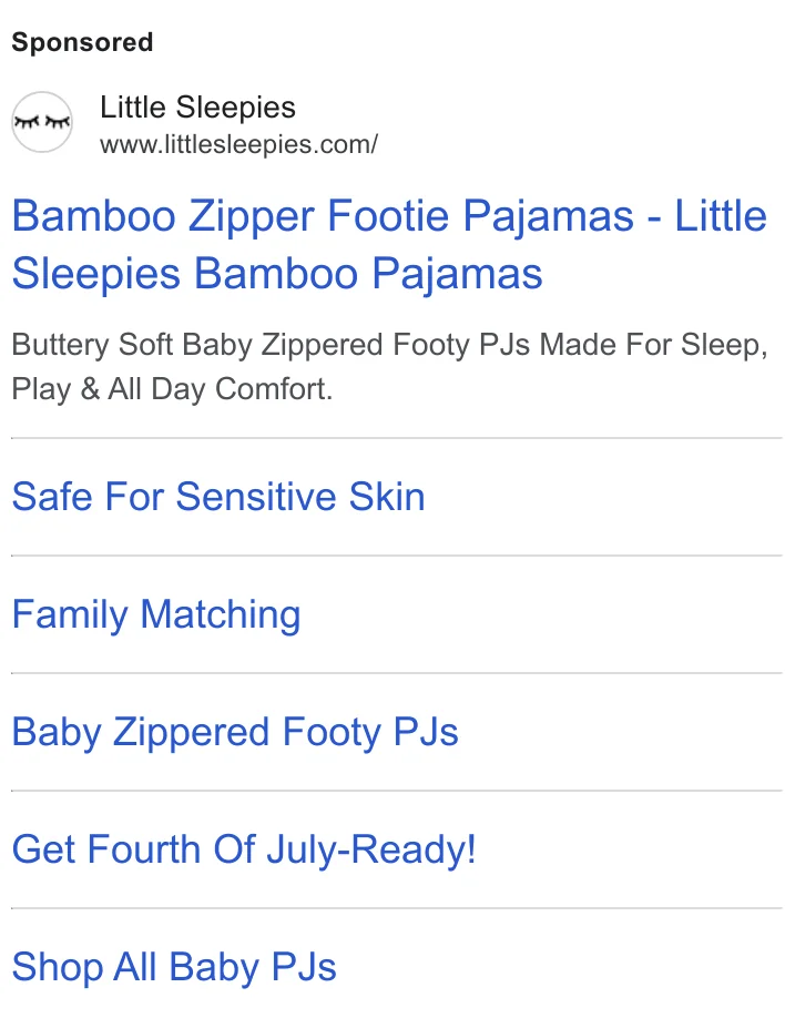 Little Sleepies Google search ad - 'Get Fourth Of July-Ready! / Family Matching / Safe For Sensitive Skin' seasonal campaign