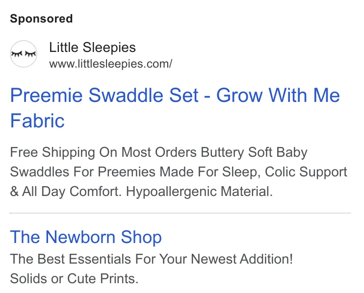 Little Sleepies Google search ad - 'Preemie Swaddle Set - Grow With Me Fabric / The Newborn Shop' with 'Buttery Soft' description variant