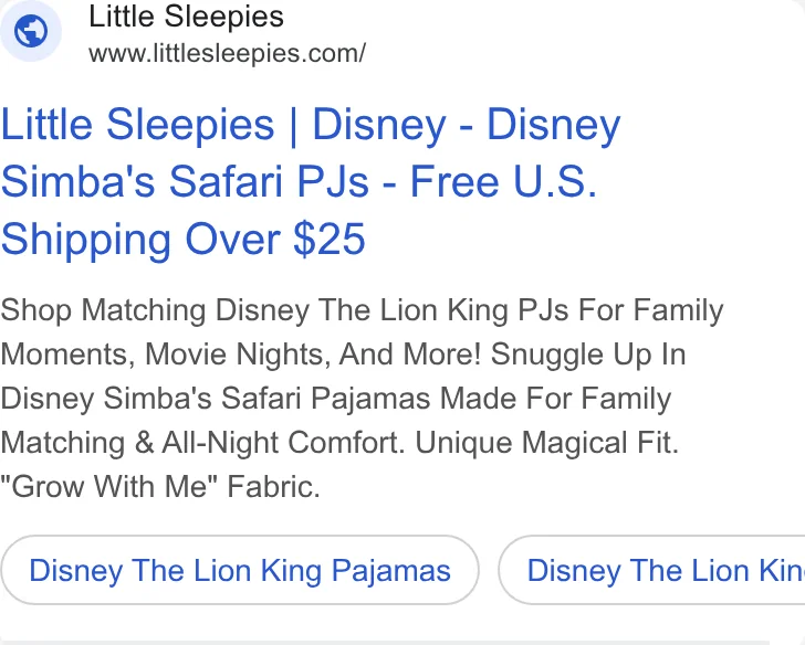 Little Sleepies Google Shopping ad - 'Disney Simba's PJs - Free U.S. Shipping' catalog-fed product ad with product image and price