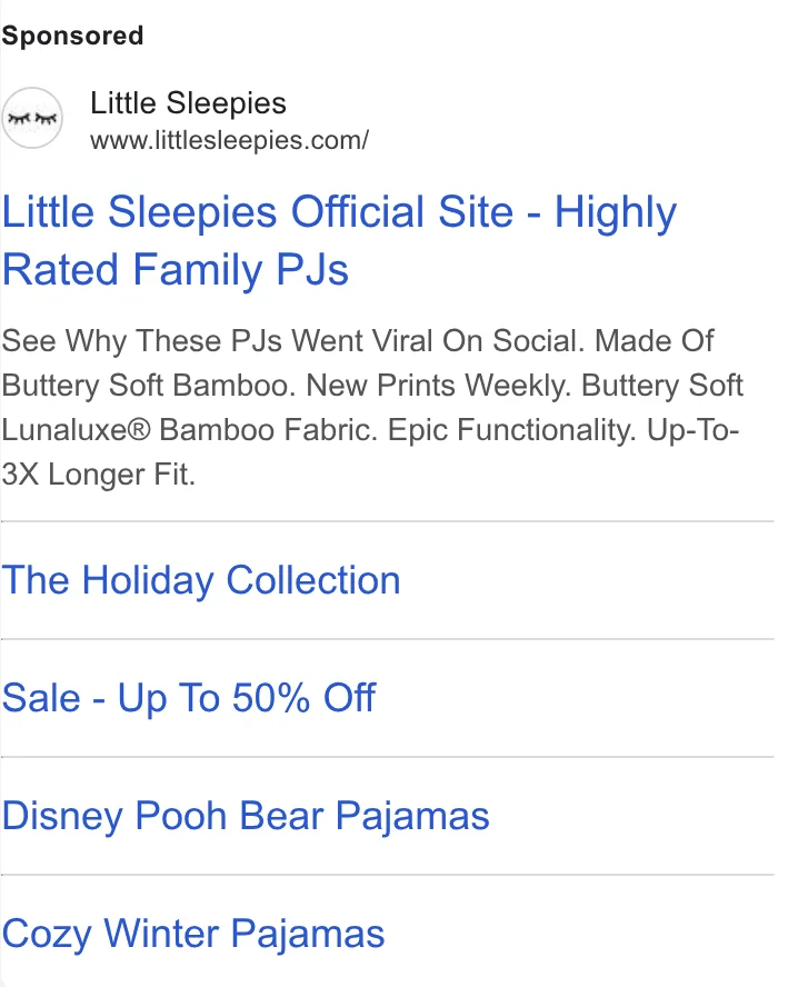 Little Sleepies Google search ad - 'Little Sleepies Official Site - See Why These PJs Went Viral On Social' trust signal description