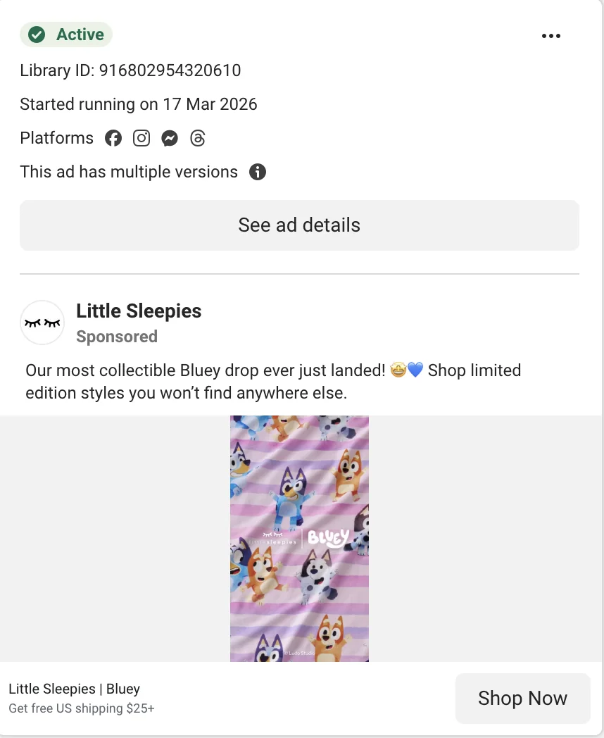 Little Sleepies Bluey DCO ad - 'Our most collectible Bluey drop ever just landed! Shop limited edition styles you won't find anywhere else'