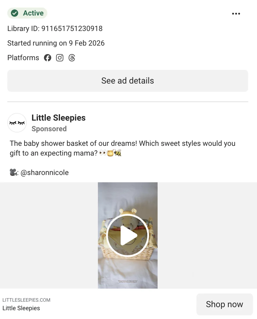 Little Sleepies creator video ad with @sharonnicole credit - 'The baby shower basket of our dreams! Which sweet styles would you gift to an expecting mama?' with shop now CTA