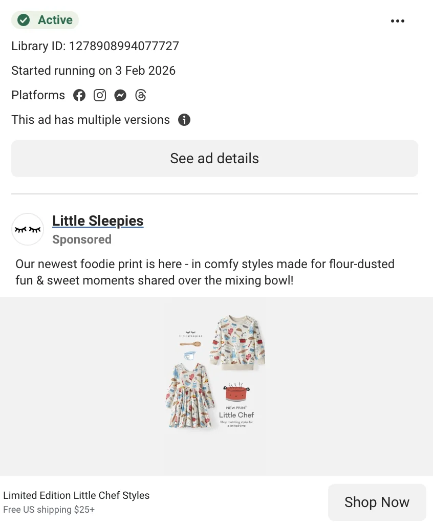 Little Sleepies Little Chef DCO ad - 'Our newest foodie print is here - in comfy styles made for flour-dusted fun & sweet moments shared over the mixing bowl'