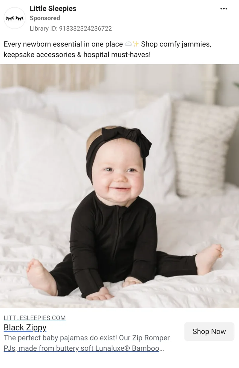Little Sleepies Zip Romper evergreen DCO ad - 'Every newborn essential in one place. Shop comfy jammies, keepsake accessories & hospital must-haves'