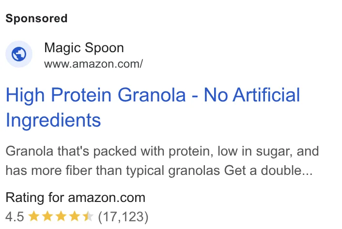 Magic Spoon Google shopping ad → Amazon - 'High Protein Granola - No Artificial Ingredients'