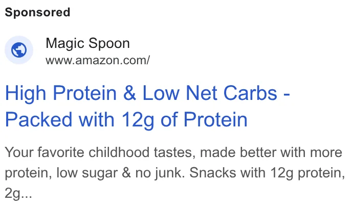 Magic Spoon Google shopping ad → Amazon - 'High Protein & Low Net Carbs - Packed with 12g of Protein'