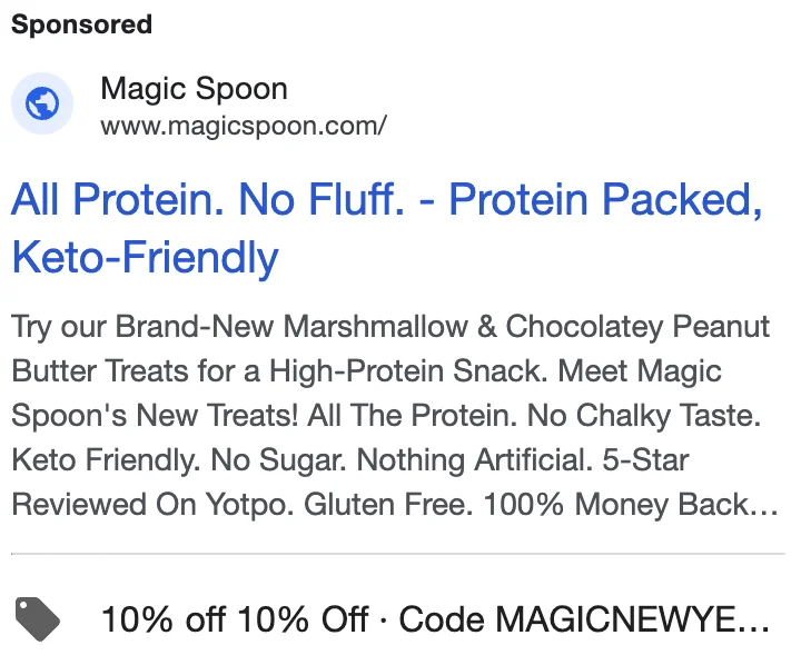 Magic Spoon Google search ad - 'All Protein. No Fluff.' with 10% off promo code MAGICNEWYEAR