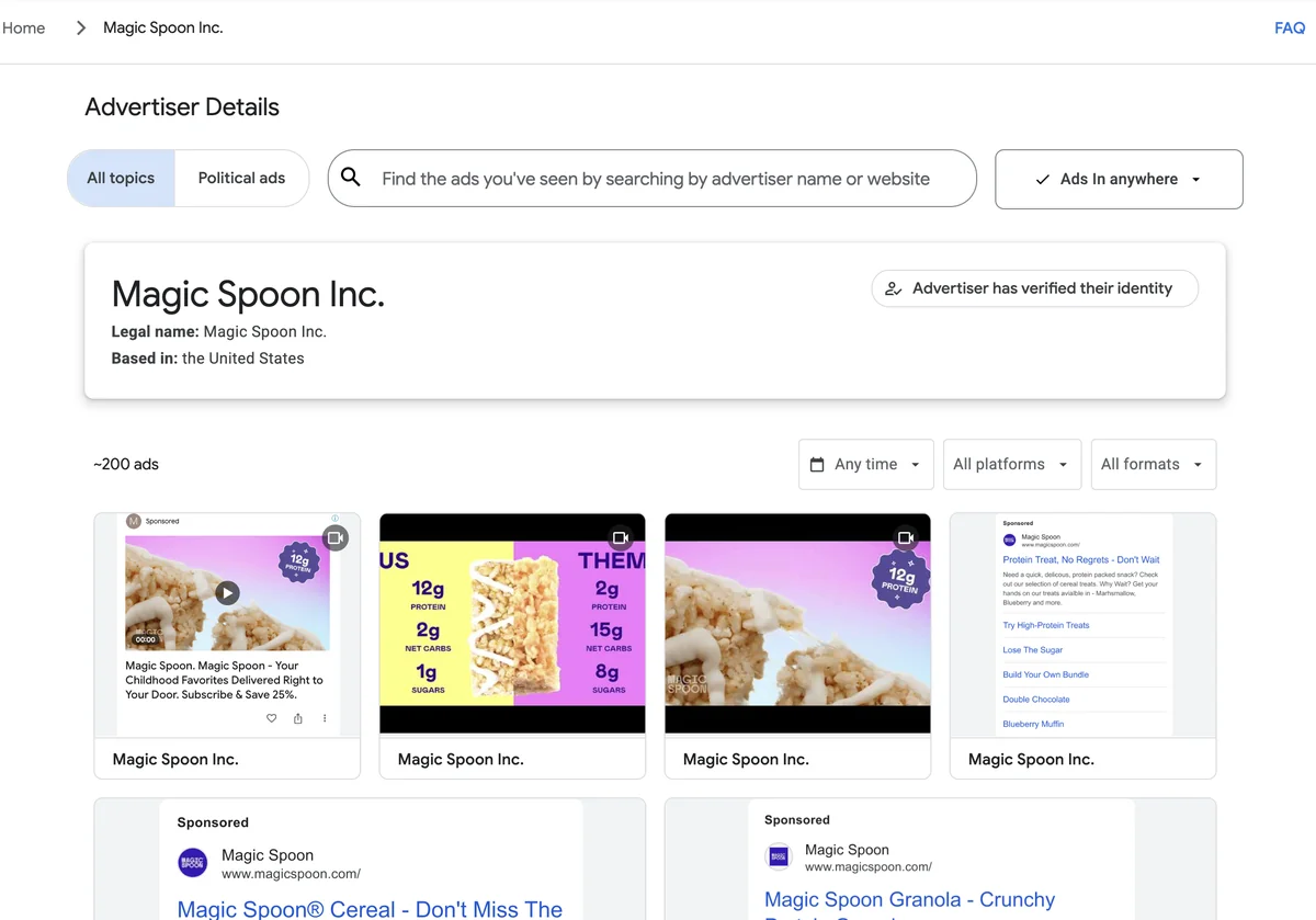 Magic Spoon Google Ads Transparency Center - account overview showing all ad formats across 12 months