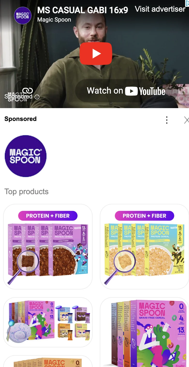 Magic Spoon Google video ad with leaked internal name - 'MS CASUAL GABI 16x9', Dec 2025 (co-founder Gabi Lewis)