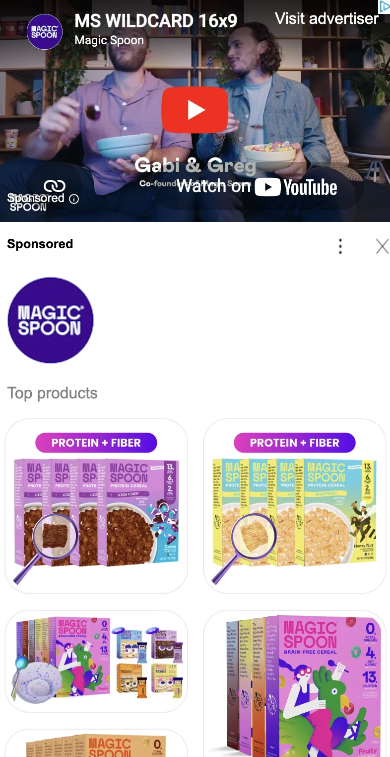 Magic Spoon Google video ad with leaked internal name - 'MS WILDCARD 16x9', Dec 2025