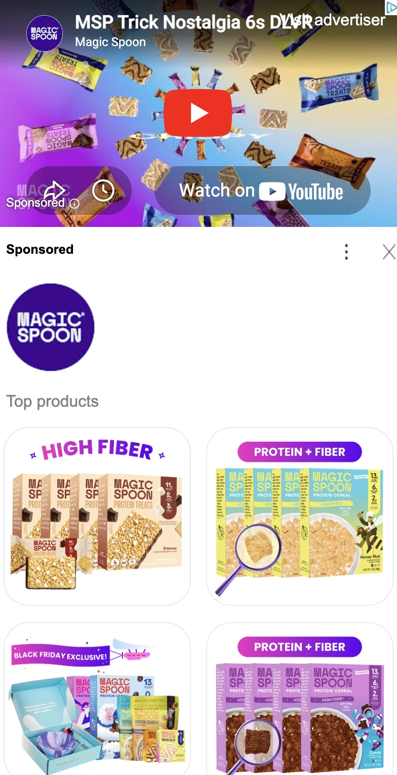 Magic Spoon Google video ad with leaked internal name - 'MSP Trick Nostalgia 6s DLVR', Sep 2025