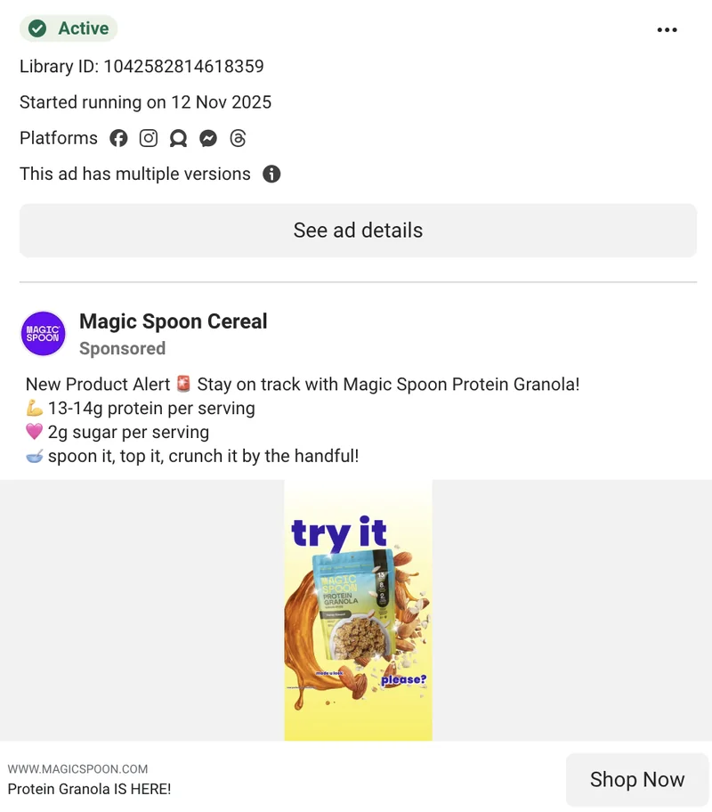 Magic Spoon Meta granola DCO - New Product Alert for Protein Granola, Nov 2025